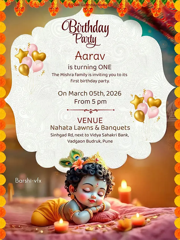 Colorful 1st birthday party invitation card template featuring baby Krishna artwork, candles and festive decorations.