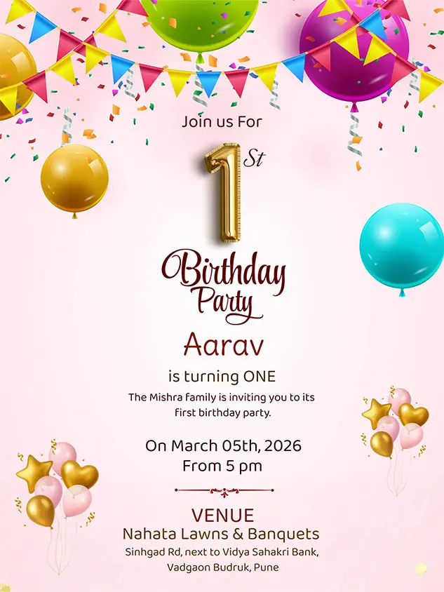 Cute 1st birthday invitation card template with balloons