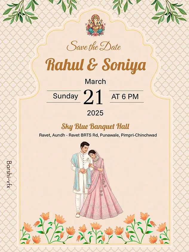 Elegant wedding invitation card. Using tulip flowers and leaves with the Ganesha photo