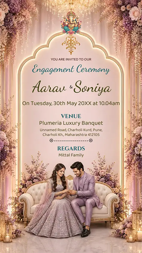 English engagement invitation card with luxury floral theme and couple sitting illustration