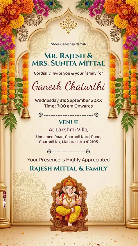 Online editable Ganesh Utsav invitation card with traditional Ganpati mandap design