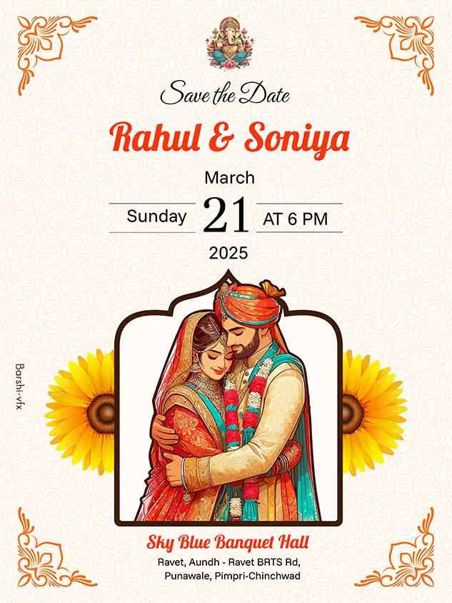 Indian wedding invitation card with the Groom and Bride photo. With the Ganesha photo