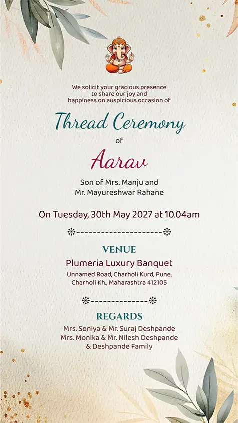 Free thread ceremony invitation card with simple leaf theme and Upanayanam design