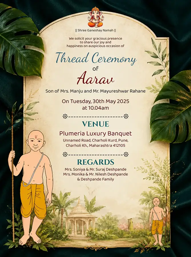 Online editable thread ceremony invitation card with leaf theme and Batuk illustration
