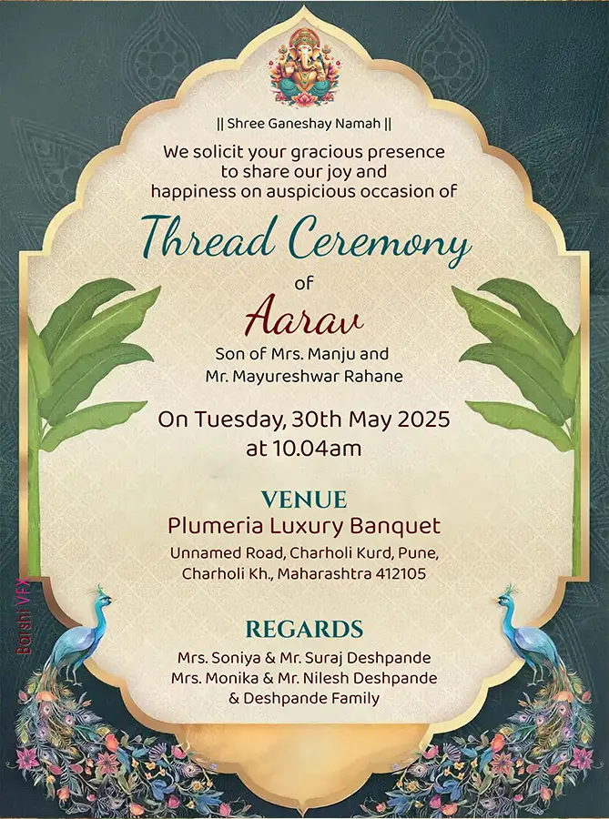 Online editable thread ceremony invitation card with peacock theme and traditional design