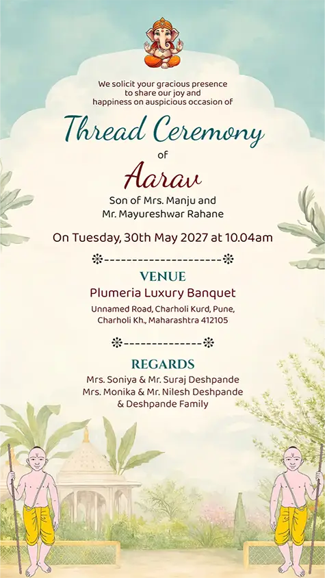 Online editable thread ceremony invitation card with garden theme and Batuk illustration