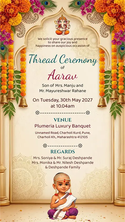 Thread ceremony invitation card with floral traditional Upanayanam design