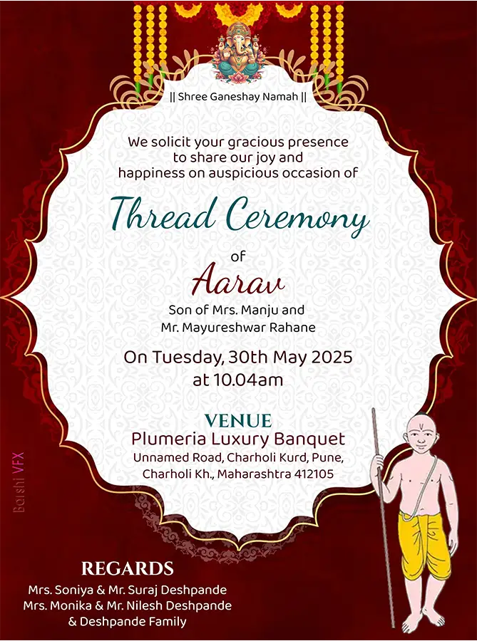 Online editable Upanayanam invitation card with traditional red theme and Batuk illustration