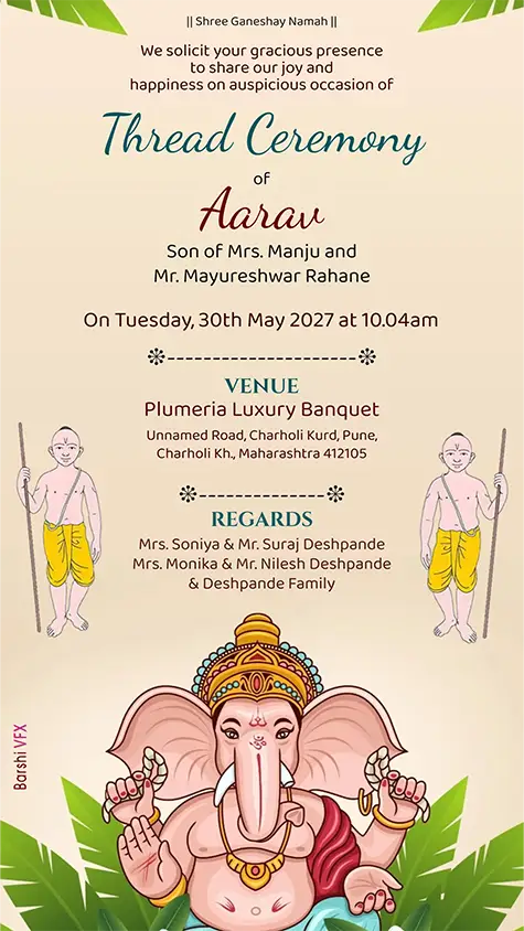 Online editable thread ceremony invitation card with Ganpati and Upanayanam design